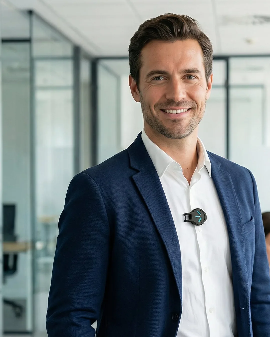 Professional toont een gedragen Alarmira clip-device